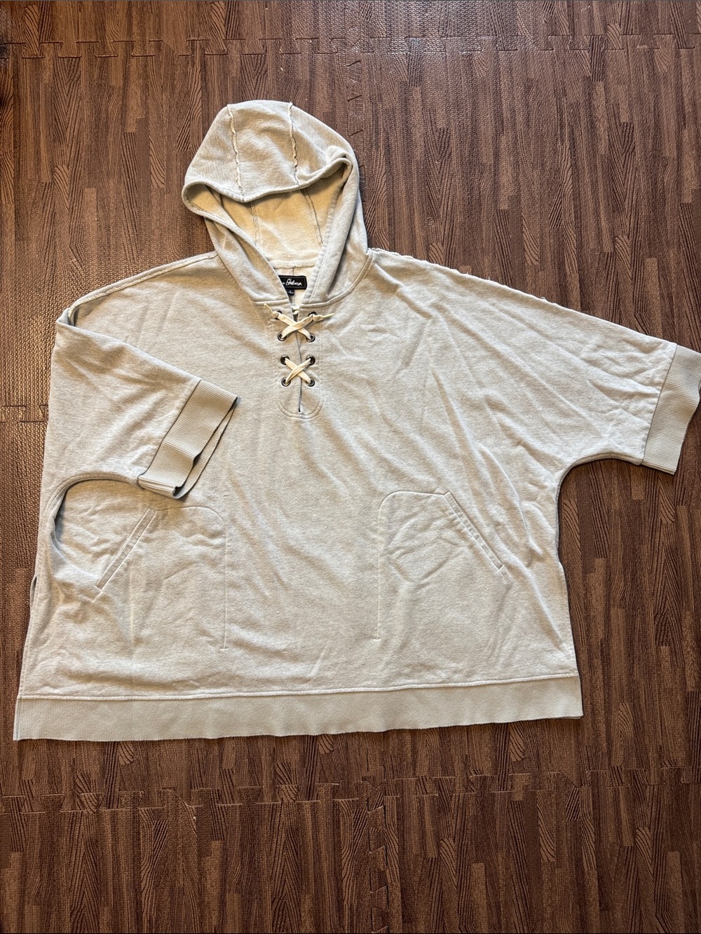Sam Edelman L Oversize Loose Fit Cream Lace-Up Hooded Pullover Poncho
